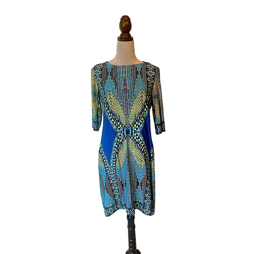 Sandra Darren Geometric Print Dress Blue Yellow  Career Cocktail Party Size‎ 10